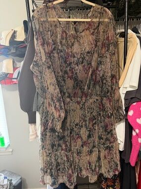 LC Lauren Conrad Olive and Burgundy Floral Pleated Long Sleeve Dress